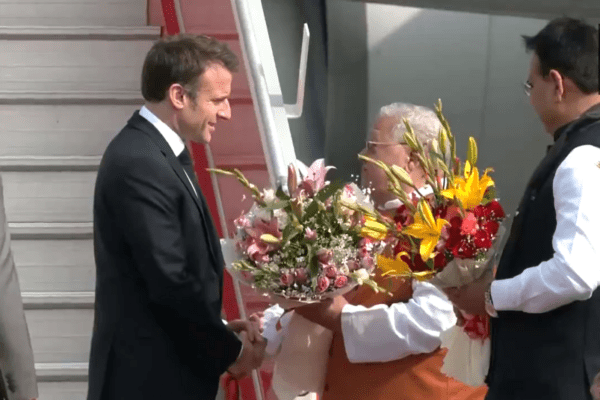 French President Emmanuel Macron arrives in Jaipur, Rajasthan
