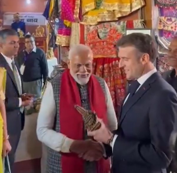 Prime Minister Narendra Modi gifts a replica of Ram Mandir to French President Emmanuel Macron